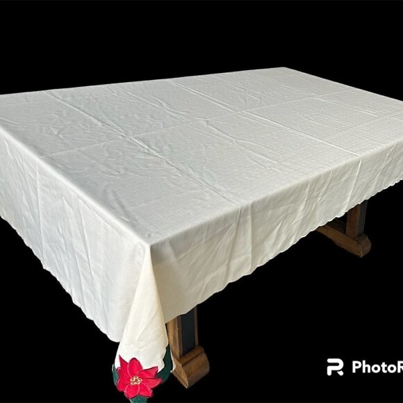 Beige Holiday Tablecloth w Poinsette Flowers 102x60 EUC - Picture 2 of 4